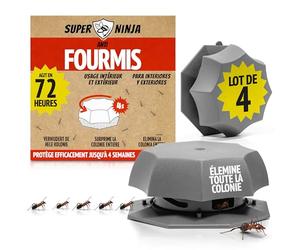 Super Ninja Pièges Anti Fourmis - Lot de 4, Anti Fourmis Maison d’Intérieur - Boîtes Appât Liquide Prêt à l’Emploi, Élimine la Reine et la Colonie, Sûr pour Enfants et Animaux, Usage Extérieur