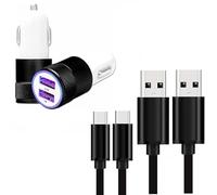 Super Pack Chargeur Auto + 2 Câbles Compatible Motorola Edge 50 Fusion Global Chargeur Auto Ultra Puissant et Rapide 2X USB 5V / 2,1A + 1A et 2 Câbles USB-C 1 Mètre, Transfert de données - Noir