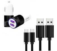 Super Pack Chargeur Auto + Câble Compatible avec Huawei Mate X7 Chargeur Auto Ultra Puissant et Rapide 2X USB 5V / 2,1A + 1A et 2 Câbles USB-C 1 Mètre, Transfert de données - Noir