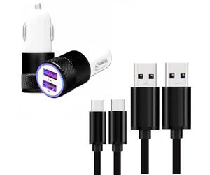 Super Pack Chargeur Auto + Câble Compatible avec Oppo A5m 5G Chargeur Auto Ultra Puissant et Rapide 2X USB 5V / 2,1A + 1A et 2 Câbles USB-C 1 Mètre, Transfert de données - Noir