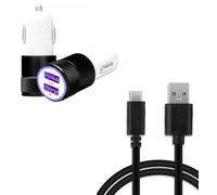 Super Pack Chargeur Auto + Câble pour Oppo A74 4G Chargeur Auto Ultra Puissant et Rapide 2X USB 5V / 2,1A + 1A et 1 CÂBLE Type C Ultra Résistant 1 Mètre Transfert de données, Câble Type C - Noir