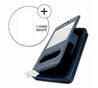 Super Pack Coque Housse pour Konrow Sky Plus Extra Slim X2 Fenêtres en éco Cuir de qualité + 1 Verre Trempé Haute Transparence, Ultra Résistant (dureté maximale) - Coque Housse + 1 Verre - Bleu