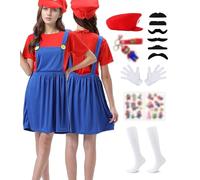 Super Plumber Brothers Costume Adulte/Enfant, Déguisement Mari Enfants Luigi avec Combinaison, Bonnet, Barbe, Costume de Carnaval Classique Halloween Cosplay Erwachsene