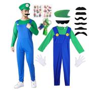 Super Plumber Brothers Costume adulte/enfant,Déguisement Mari Enfants Luigi Costume de Cosplay avec Combinaison, Bonnet, Barbe,Costume de Carnaval Classique Halloween Cosplay Erwachsene