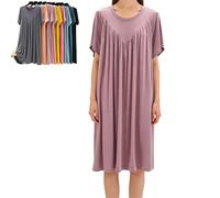 Super Soft Comfortable Short Sleeve Loose Pajama Dress High Stretchy Nightgowns for Women 2026 Sleep Shirts Pleated Sleepwear (Purple,L)