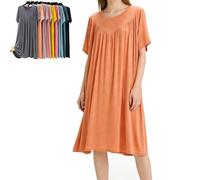 Super Soft Comfortable Short Sleeve Loose Pajama Dress High Stretchy Nightgowns for Women 2026 Sleep Shirts Pleated Sleepwear (Orange,L)