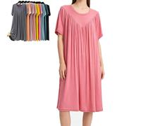 Super Soft Comfortable Short Sleeve Loose Pajama Dress High Stretchy Nightgowns for Women 2026 Sleep Shirts Pleated Sleepwear (Dark Pink,L)