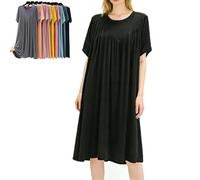 Super Soft Comfortable Short Sleeve Loose Pajama Dress High Stretchy Nightgowns for Women 2026 Sleep Shirts Pleated Sleepwear (Black,L)