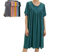 Super Soft Comfortable Short Sleeve Loose Pajama Dress High Stretchy Nightgowns for Women 2026 Sleep Shirts Pleated Sleepwear (Green,L)