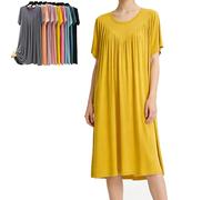 Super Soft Comfortable Short Sleeve Loose Pajama Dress High Stretchy Nightgowns for Women 2026 Sleep Shirts Pleated Sleepwear (Yellow,XL)