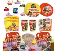 Super Why! Storybook Village Kit de fête complet : 8 assiettes, 8 assiettes à dessert, 20 serviettes, 8 tasses, 8 boîtes à dragées, 24 ustensiles, 1 nappe et 1 bannière de 195,6 cm - Tous les personnages sont inclus