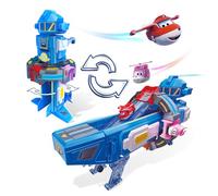 Super Wings 2-en-1 Super Base Spatiale avec Avion Transformateur Jett et Dizzy, Jouets pour Filles et garçons de 3 4 5 6 7 8 9 10 Ans, Bleu