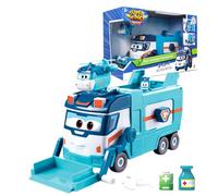 Super Wings Shine Season 7 Nouveau camion poubelle et de nettoyage Marc's Grand camion poubelle pour garçons, avec élévateur de poubelle et fonction de vidage, jouets verts et bleus pour tout-petits à