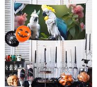 Superbe bannière de fête avec imprimé cacatoès, oiseau et fleur pour intérieur ou extérieur, décoration pour fête d'Halloween