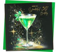 Superbe carte d'anniversaire 30 ans | Verre à cocktail vert émeraude et doré | Carte d'anniversaire élégante pour 30e anniversaire