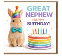 Superbe carte d'anniversaire pour neveu - Lapin mignon dans un chapeau de fête et un nœud papillon avec gâteau arc-en-ciel et bougies - Carte d'anniversaire pour neveu