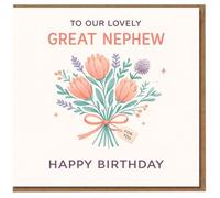 Superbe carte d'anniversaire pour neveu - To Our Lovely Great Neveu, bouquet floral avec ruban et étiquette « For You » - Carte d'anniversaire pour