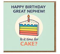 Superbe carte d'anniversaire pour neveu - Tranche de gâteau arc-en-ciel avec bougie - Happy Birthday Great Neveu, Is It Time for Cake ?