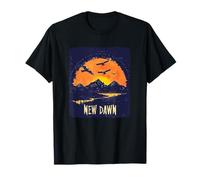 Superbe costume de nouvelle aube avec montagnes, lever de soleil et oiseaux T-Shirt