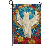 Superbe drapeau de jardin en verre teinté coloré avec motif chat blanc avec ailes, drapeau double face pour le printemps et l'été, décoration florale vibrante de cour 30,5 x 45,7 cm