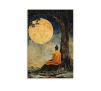 Superbe impression sur toile murale - Poster bouddhiste vintage avec moine méditant sous la pleine lune - Famille moderne pour décoration de salon - 30 x 45 cm