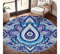 Superbe Motif Cachemire Tapis Rond 180 cm Intérieur & Extérieur Doux Antidérapant Lavable en Machine, Bleu Tapis Décoratif de Style Moderne pour Salon Chambre Salle à Manger