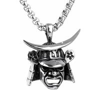 Superbe Pendentif en Acier Tête de Samouraï et son casque et Chaîne Serpent