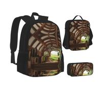 Superbe sac d'école, sac à déjeuner, trousse à crayons avec imprimé village pour l'école, le camping, les voyages, Noir , Taille unique