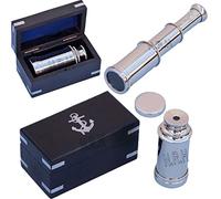 Superbe télescope miniature en laiton fait à la main avec boîte en bois noir (15,2 cm, chrome poli)