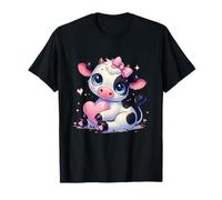 Superbe Vache Noire et Blanche Tenant Un cœur Rose Coquette nœud T-Shirt