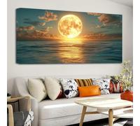 Superbe vue sur l'océan, grand tableau sur toile représentant un coucher de soleil jaune - Peinture d'horizon moderne, style côtier haut de gamme pour la décoration intérieure (65 x 130 cm/sans cadre)