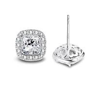 Superbes boucles d'oreilles à tige en argent sterling plaqué or blanc 18 carats avec halo et oxyde de zirconium, pour femmes, mères et filles, Argent sterling et oxyde de zirconium, Zircone cubique