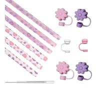 Superbes pailles pour Stanley Cup 30/40 oz-3 transparentes+3 pailles blanches motif floral rose/violet + 1 brosse de nettoyage - Accessoires réutilisables sans BPA (6 pailles, 1 brosse + 6 couvercles)