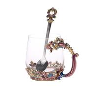 Supercap - Tasse à café en verre transparent avec cuillère, ensemble de tasses à thé faites à la main en émail papillon fleur, tasses à café pour couples pour Noël (short, 1pcs)