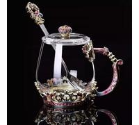 Supercap - Tasse à café en verre transparent avec cuillère, ensemble de tasses à thé faites à la main en émail papillon fleur, tasses à café pour couples pour Noël (short+lid spoon, 1pcs)