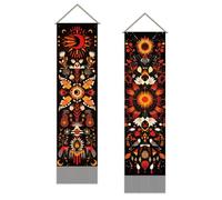 SUPERDANT 2 Tapisserie Murale Totem Colorée et Moderne à Motif Soleil et Lune Longue Tapisserie Murales Papier Peint à Pompons Verticaux avec Poteaux et Cordes pour Chambre à Coucher et Salon 130x33cm