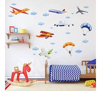 SUPERDANT 3D Aquarelle Dessin Animé Stickers Muraux Avion Parachute Nuages PVC Sticker Mural Amovibles Stikers Murals pour Chambre d'enfant Maternelle Avion Thème Autocollants Décoratifs