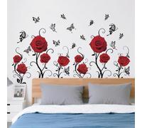 SUPERDANT 4Pcs Stickers Muraux Roses Rouges Fleurs de Saint Valentin Papillons Sticker Mural en Vinyle pour la Maison la Chambre le Salon le Canapé Autocollants Décoratifs