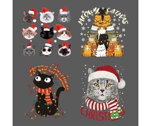SUPERDANT 4Pcs Transfert Textile Thermocollant Chat de Noël avec Chapeau du Père Noël Décorations Lavables Patch Thermocollant pour Vêtements T-Shirts DIY Appliques Patchs de Transfert