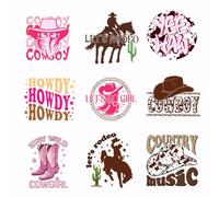 SUPERDANT 9Pcs Western Cowboy Transfert Textile Thermocollant de Chaleur Cowgirl Patch Thermocollant Bull Iron Sur Patchs de Transfert Howdy Lavable Papier de Transfert de Chaleur DIY