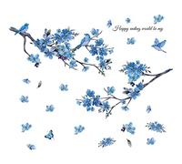 SUPERDANT Aquarelle Bleu Floral Branches Stickers Muraux Bonheur Phrase Encre Fleurs Stickers Muraux Papillon Colibris DIY Amovible Mur Art Peintures Murales pour Décorations Murales