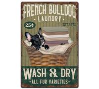 SUPERDANT Bulldog Francese Lavanderia Plaque Metal Vintage Lavare E Asciugare Poster In Metallo Cane Nero Targa Plaque Metal Decorative Del Bagno Regalo Per Donne Affiche Vintage