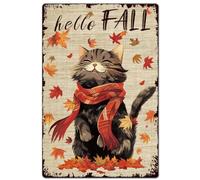 SUPERDANT Chat avec Écharpe Plaque Metal Vintage Bonjour Automne Plaque Murale Decorative Fin D'Automne Feuilles D'Érable Affiche Vintage Café Bar Homme Cave Panneau Decoratif Exterieur Metal