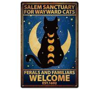 SUPERDANT Chat Lune en Métal Signe en Étain Vintage Phases de Lune Signes en Étain Rétro Chat Noir Plaque en Métal Sanctuaire pour Chats Capricieux Fer Mur Art Affiche