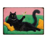 SUPERDANT Chat Noir avec Cocktail Plaque Metal Vintage Chat Couché Plaque Murale Decorative en Fer Affiche Vintage Rectangulaires Panneau Decoratif Exterieur Metal
