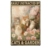 SUPERDANT Chats dans le Jardin Plaque Metal Vintage de Chat Mignons Plaque Murale Decorative Rétro pour Animaux Panneau D'Art de Campagne Vintage Facilement Distrait Par Cat&Garden Vintage Decoration