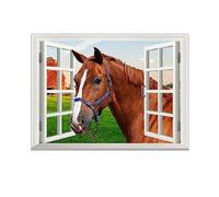 SUPERDANT Coloré Ferme Cheval Stickers Muraux 3D Fenêtre Vue Sticker Mural Fenêtre Vue Bébé Cheval Ensoleillé Ferme Champ Animaux Nature Photographie Mur Art Vinyle Autocollants pour Salon Cuisine