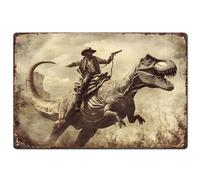 SUPERDANT Dinosaure Cowboy Plaque Metal Vintage Western Cowboy Plaque Murale Decorative Western Fantasy Vintage Plaques en Étain Drôle Art Mural Affiche Murale Vintage Decoration 30x20cm
