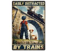 SUPERDANT Enfant Et Train En Plaque Metal Vintage Chiot Affiche Vintage Étain Art Muraux Facilement Distrait Par Les Trains Plaque Metal Decorative Amusant Poster Pour Chambre Tanière Homme Signes