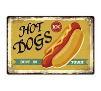 SUPERDANT Hot Dogs Best in Town Plaque Metal Vintage Fast Food Tin Sign Vintage Plaque Decorative Metal Funny Wall Art Peinture Fer Décor Extérieur Clôture en Bois Plaque Murale Decorative